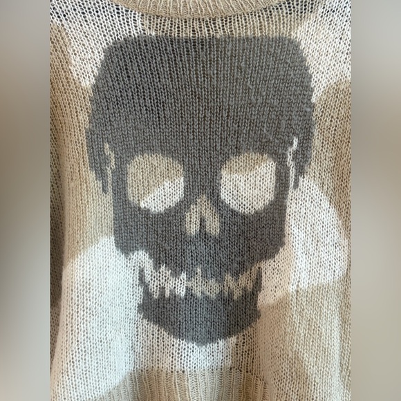 Wooden Ships Gray Skull Tan Camo Open Weave Mohair Wool Oversized Sweater Top - Picture 2 of 10
